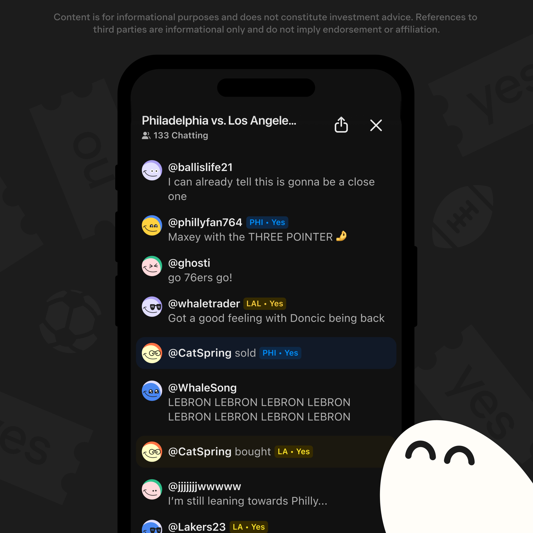 A smartphone displays a dark-mode app for a live Philadelphia vs. Los Angeles game, showing a chat feed with user comments, team buy/sell actions, and a graph with a 61% chance. A white, smiling ghost figure is in the bottom right.