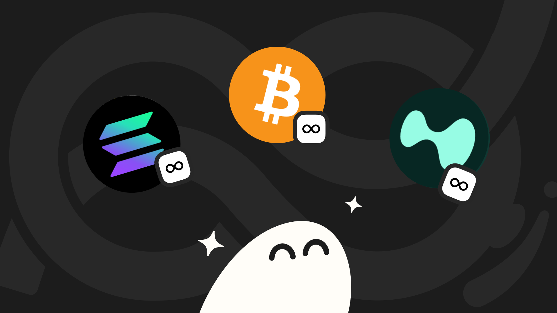 Phantom ghost looks up at Solana, Bitcoin, and HyperLiquid Protocol logos, each with a perps infinity symbol.