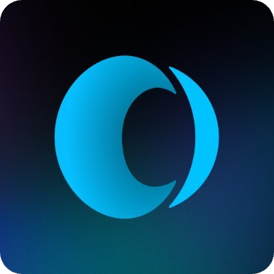 Blue abstract logo featuring a C-shaped element and a separate curved segment on a dark background.