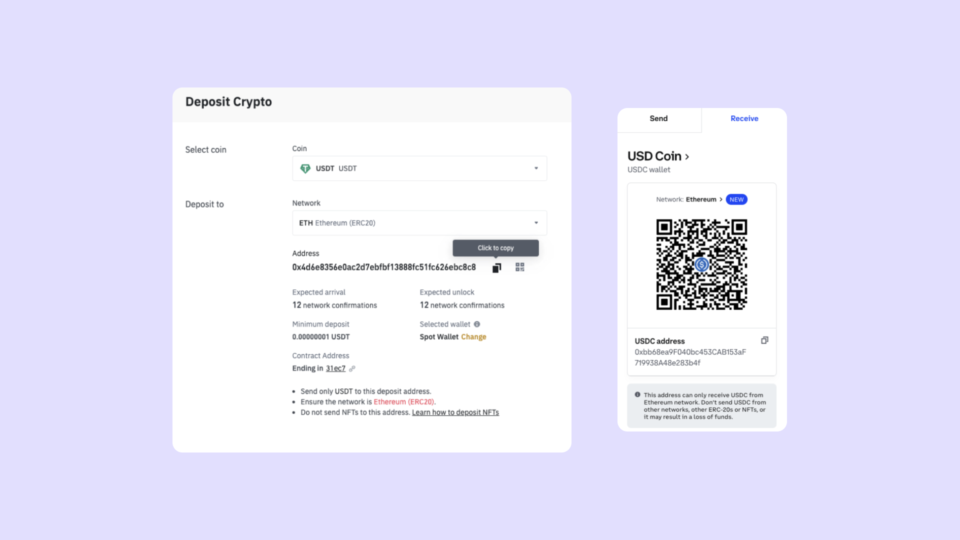 Binance and coinbase deposit sections