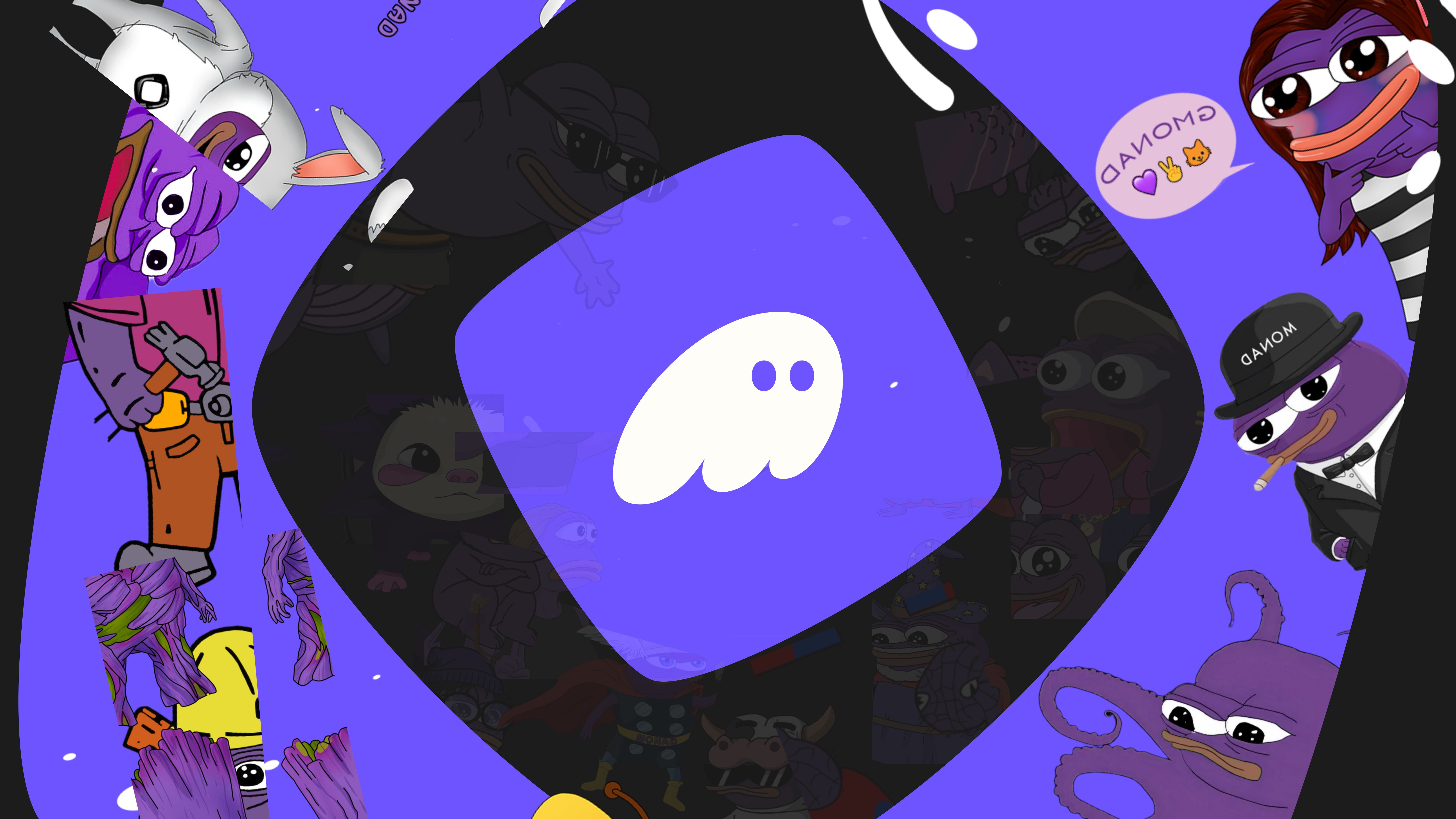A white ghost icon on a purple background at the center, surrounded by a swirling black frame and numerous cartoon and meme characters, many of them purple variations of Pepe the Frog.