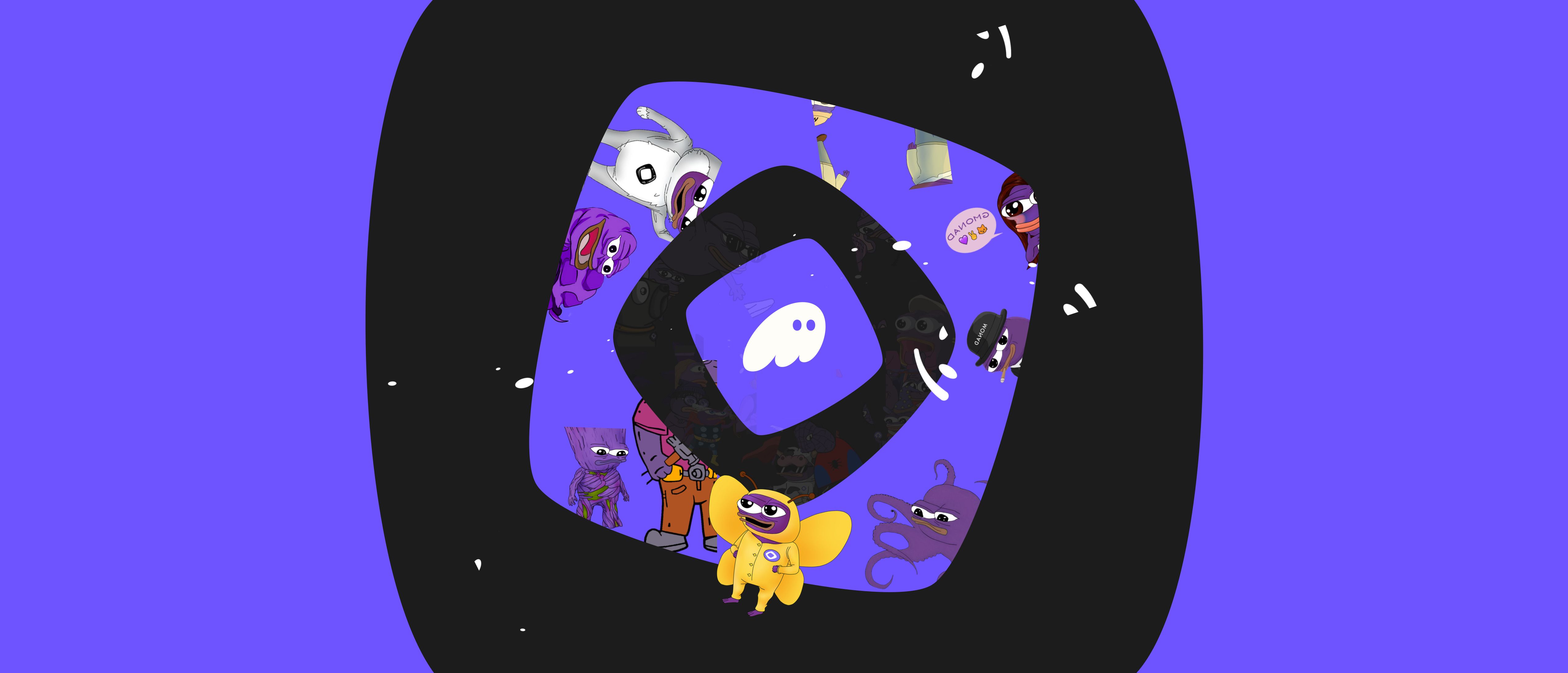 A purple and black tunnel scene with various cartoon characters, a yellow winged character in the foreground, and a white ghost icon in the center.