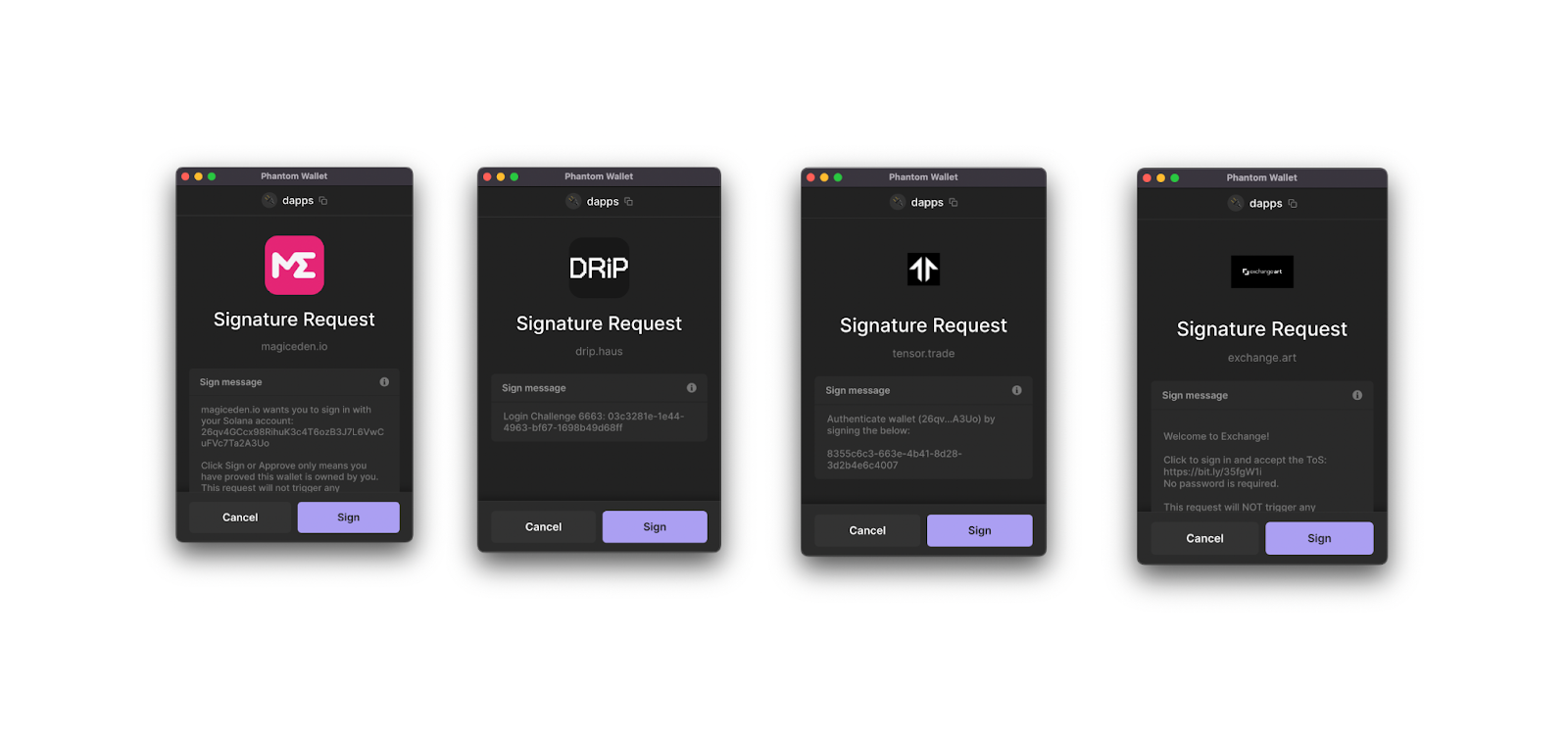 Traditional message signing flow in Phantom Wallet