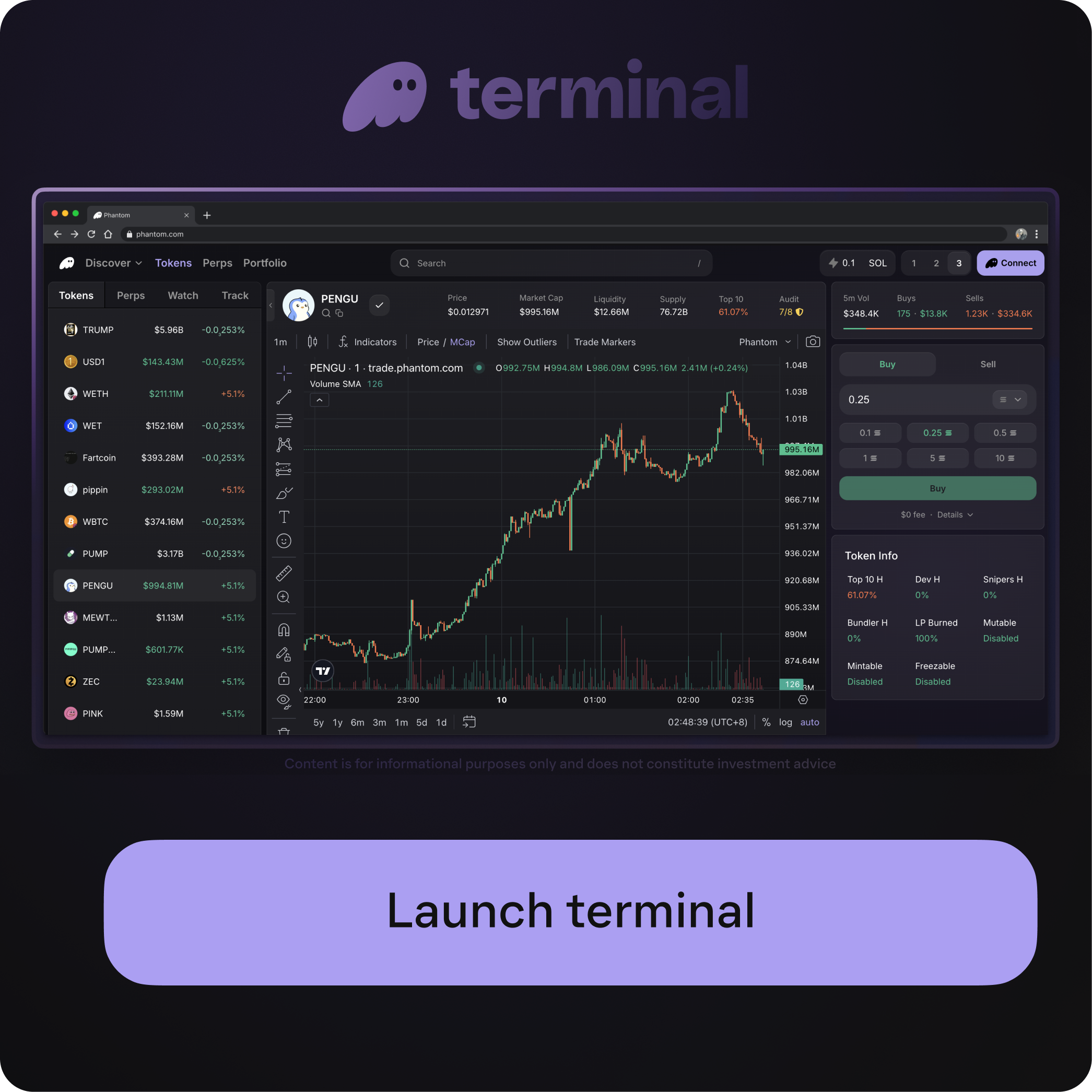 A browser displaying the Terminal crypto trading platform with charts, token data, and a "Launch terminal" button below phantom