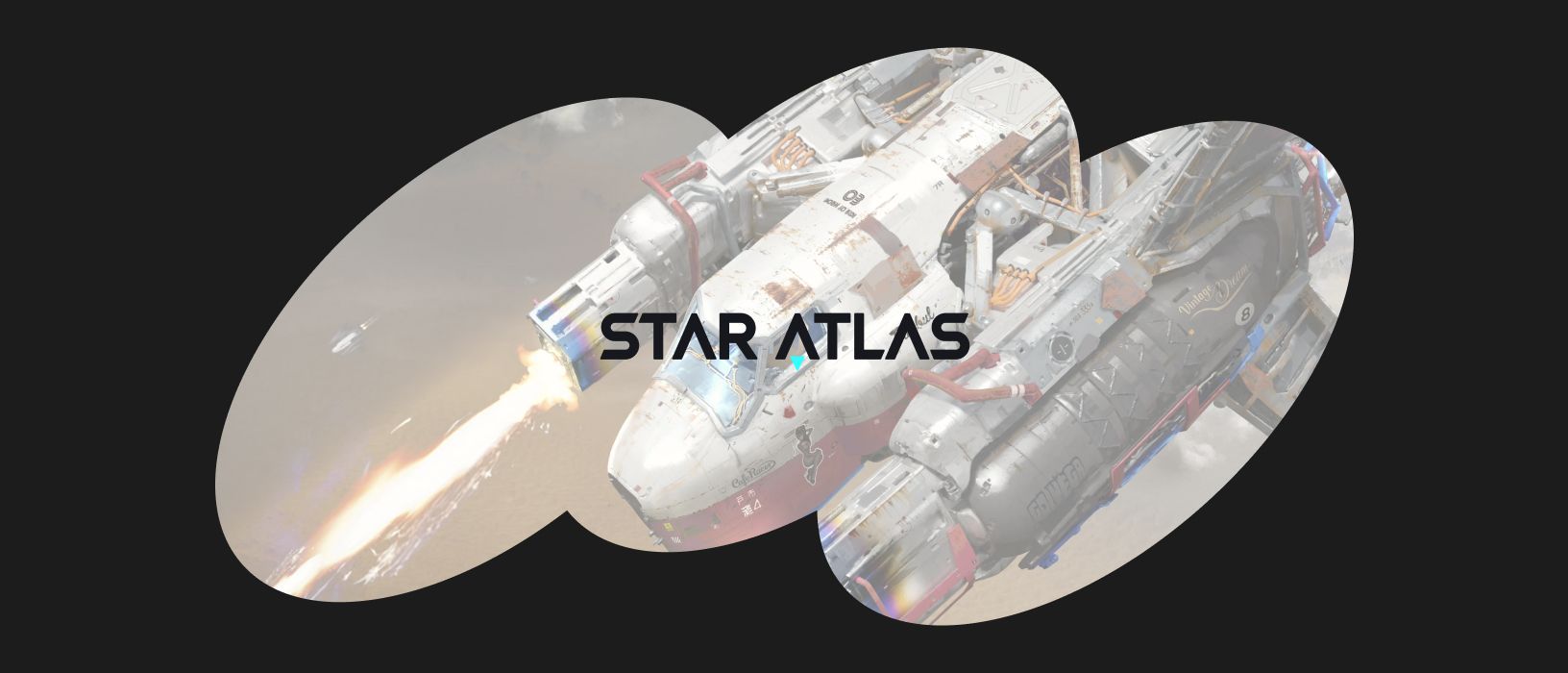 STAR ATLAS logo over a futuristic spacecraft with firing engines, framed by three overlapping ovals.