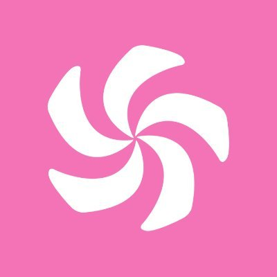White six-bladed spiral on a pink background.