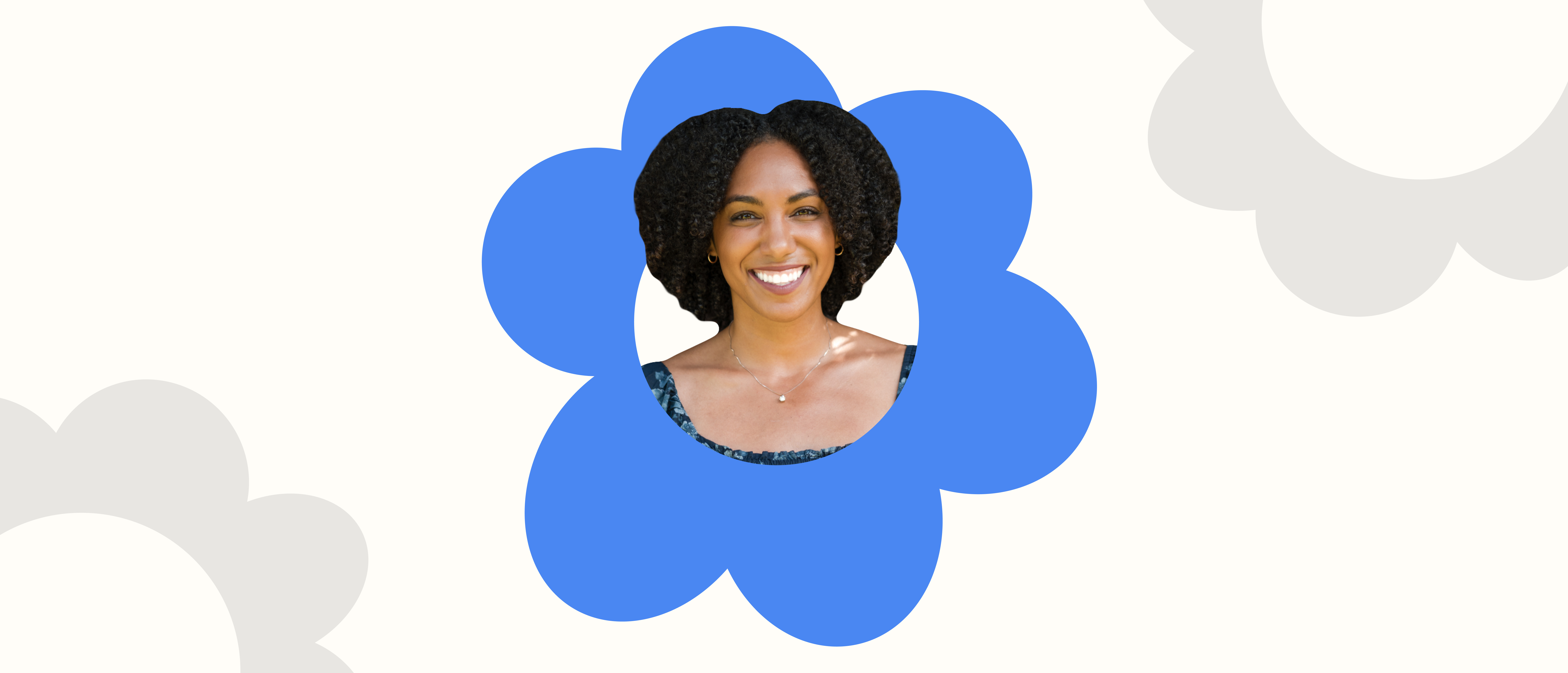 a woman is smiling in a blue flower shaped frame