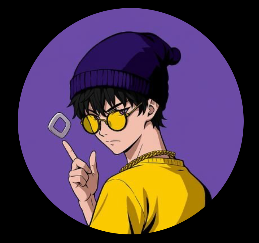 a boy wearing a purple beanie and yellow sunglasses points at something