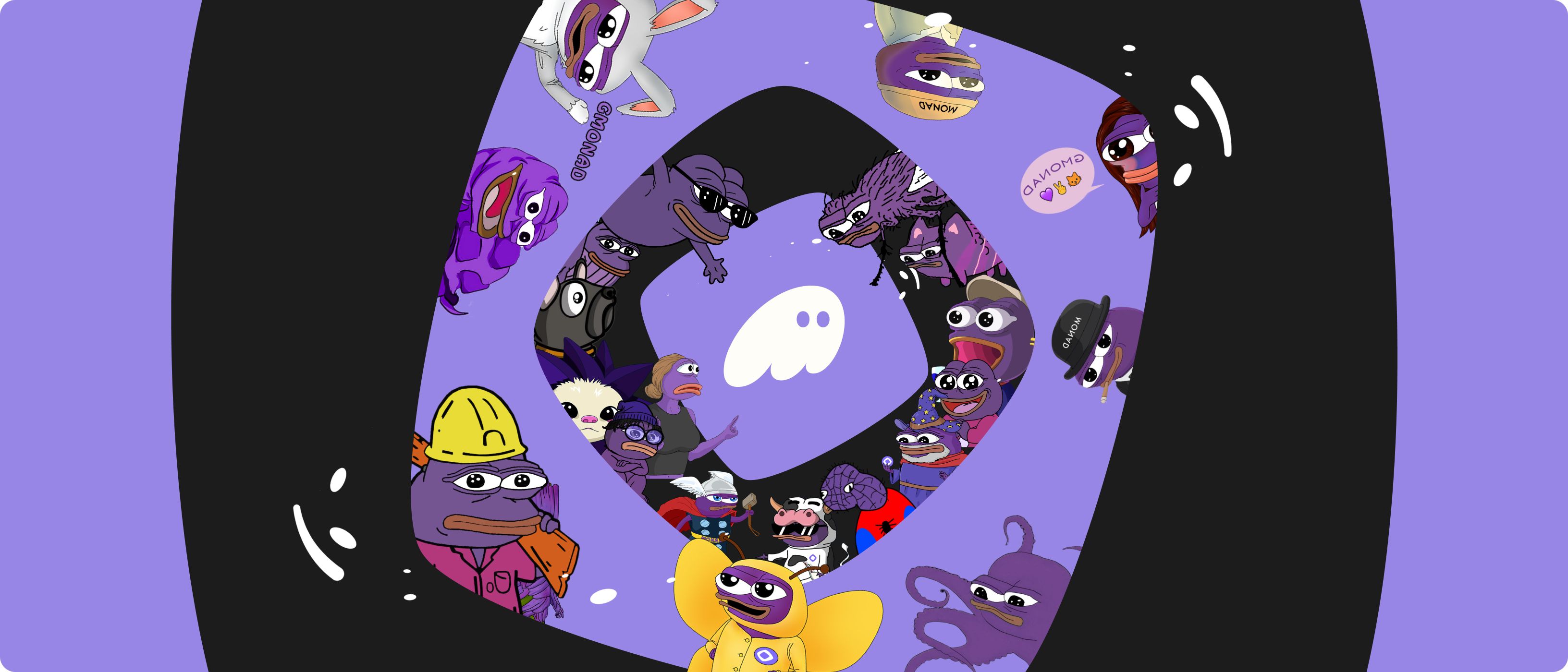 A purple and black spiral tunnel lined with various cartoon characters and memes, centered by a white ghost icon.