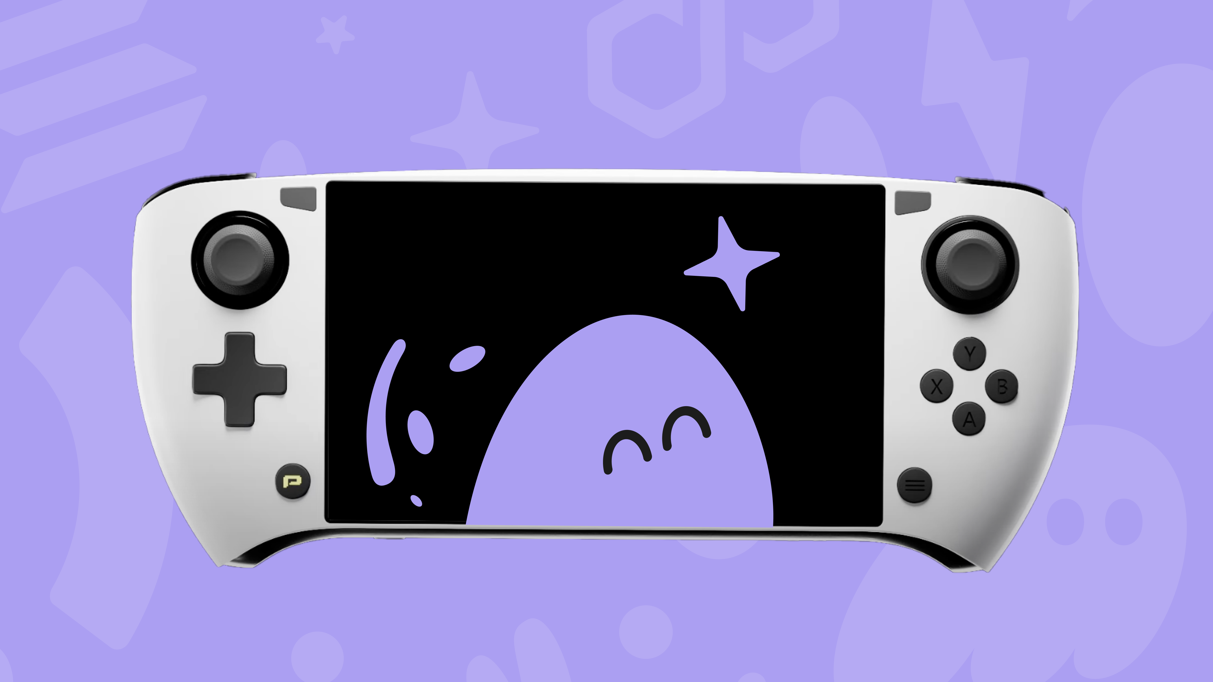 a white video game controller with a purple ghost on the screen