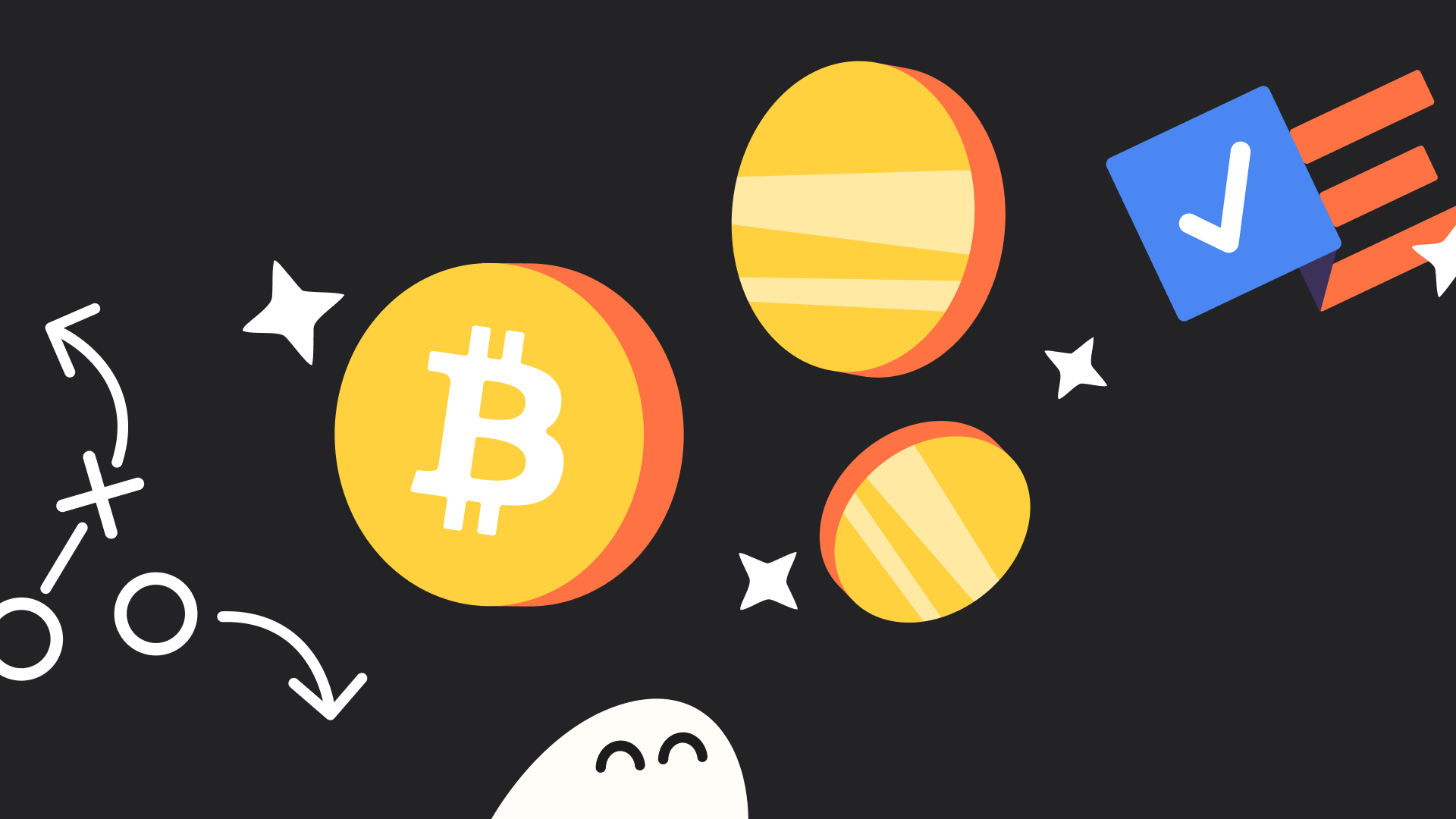 Stylized image featuring a Bitcoin coin, gold coins, a strategy diagram, and a blue checkmark on a dark background for Phantom's launch of Prediction Markets in the United States