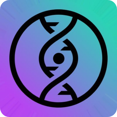 A stylized black DNA double helix icon resembling a yin-yang symbol, on a purple, blue, and green gradient background.