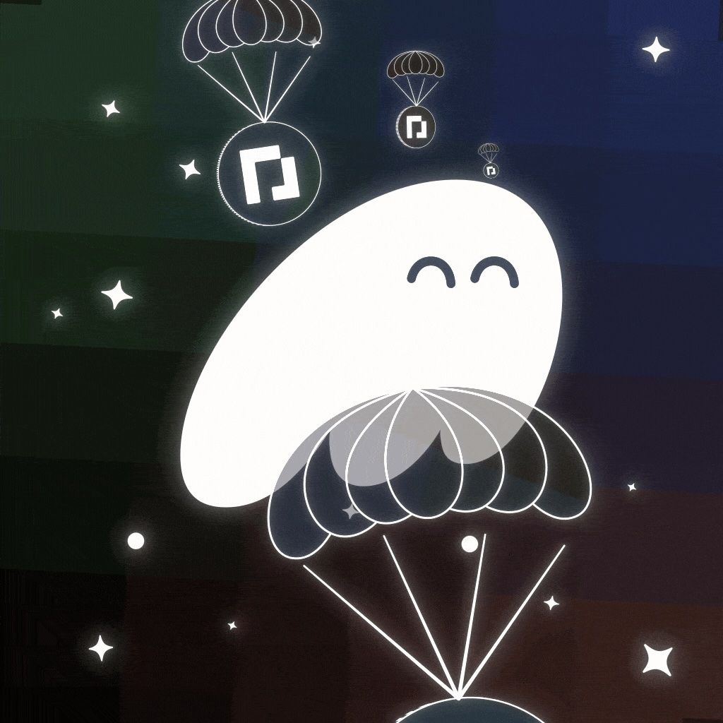 Cartoon of a happy white character parachuting, with smaller parachutes carrying a square logo and stars in a dark sky.