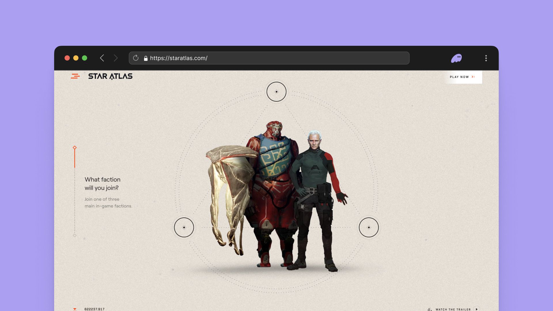 The Star Atlas website displayed in a browser, featuring two sci-fi characters.
