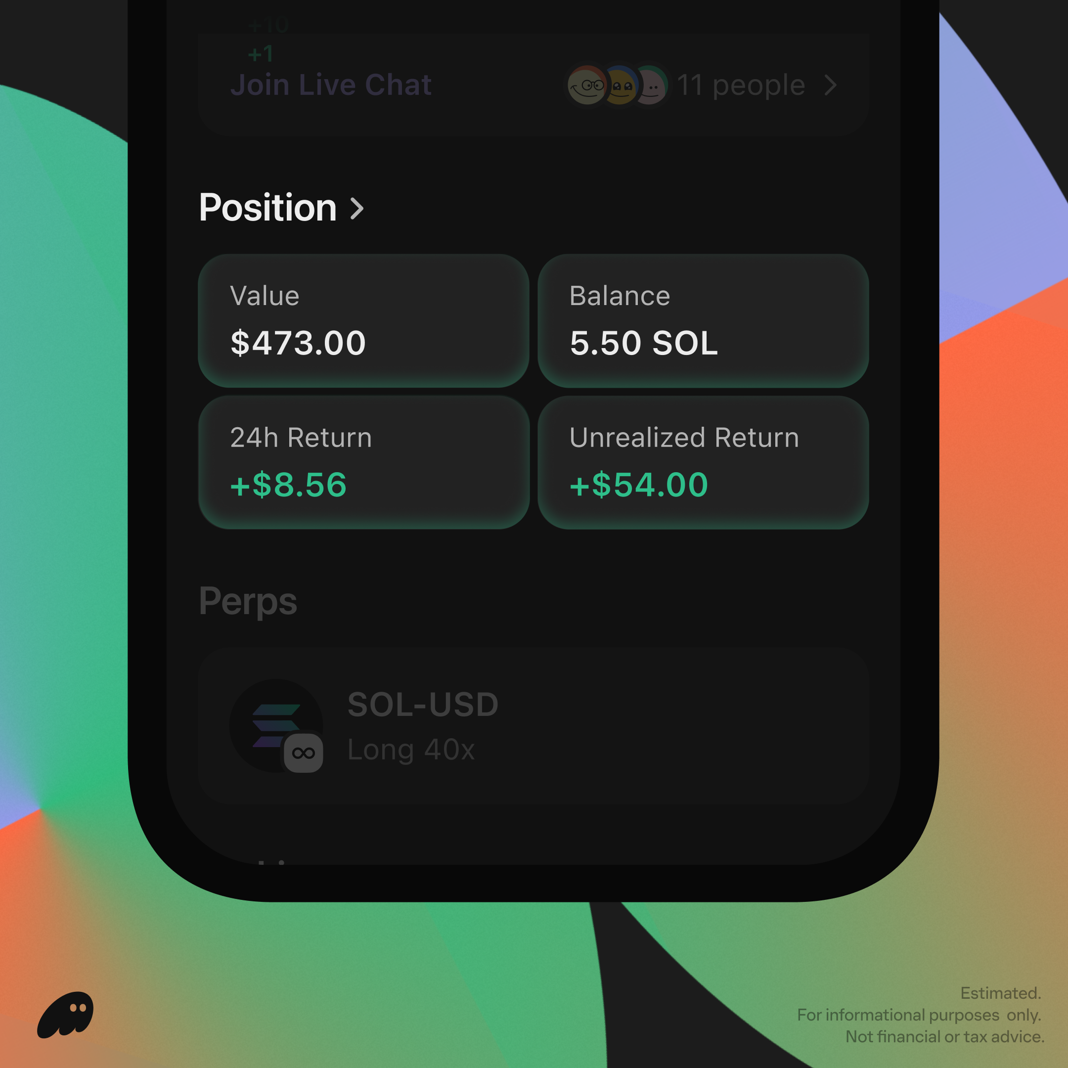 Mobile app displaying a cryptocurrency trading position for SOL-USD, showing a value of $473, a balance of 5.50 SOL, and a 40x long trade with positive returns.