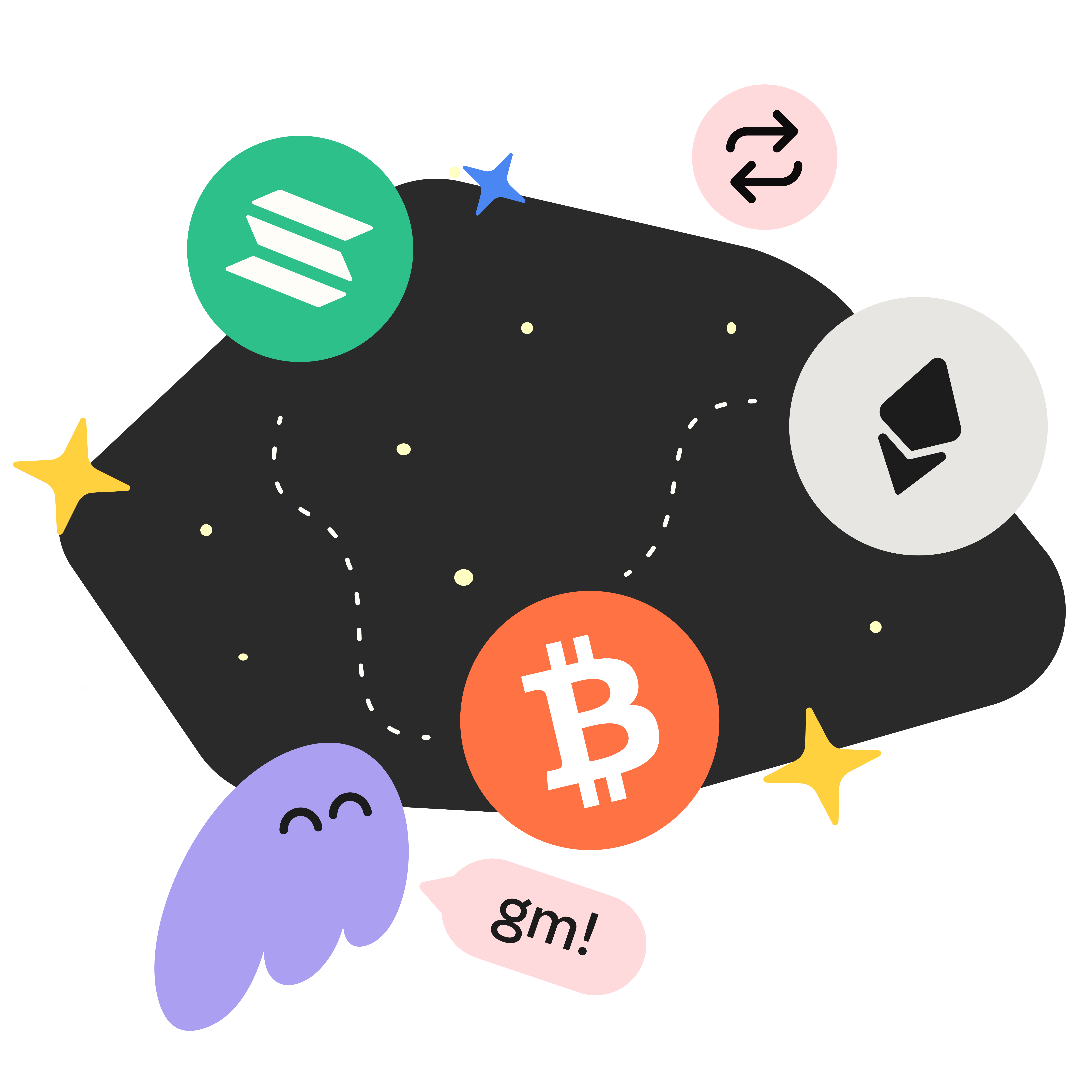 A friendly purple blob character says 'gm!' in a starry crypto landscape featuring Bitcoin, Ethereum, Solana symbols, and a swap icon.