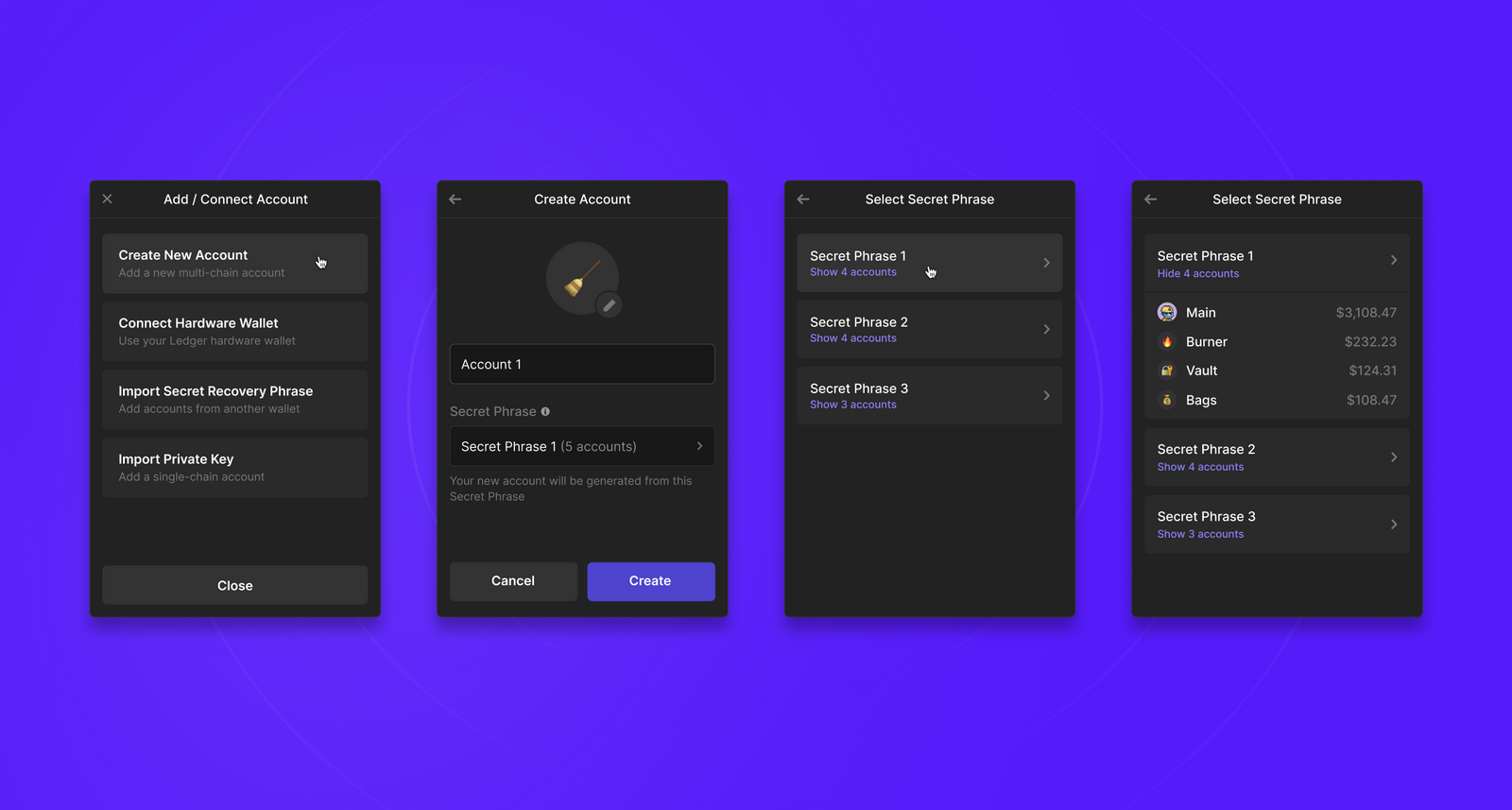 Creating new accounts from Secret Recovery Phrases