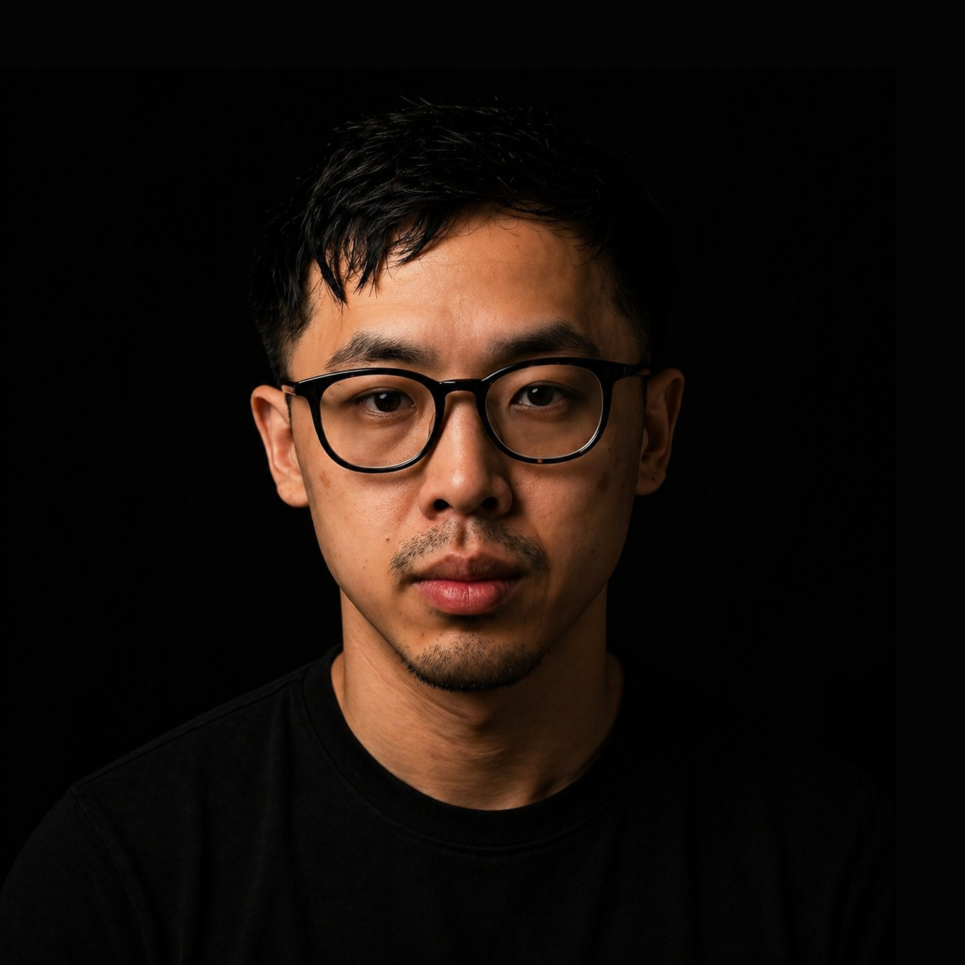 A man with short dark hair and glasses, in a black t-shirt, looking directly at the viewer against a black background.