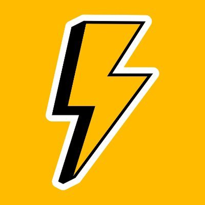 A black lightning bolt with a white outline and shadow on a yellow background.