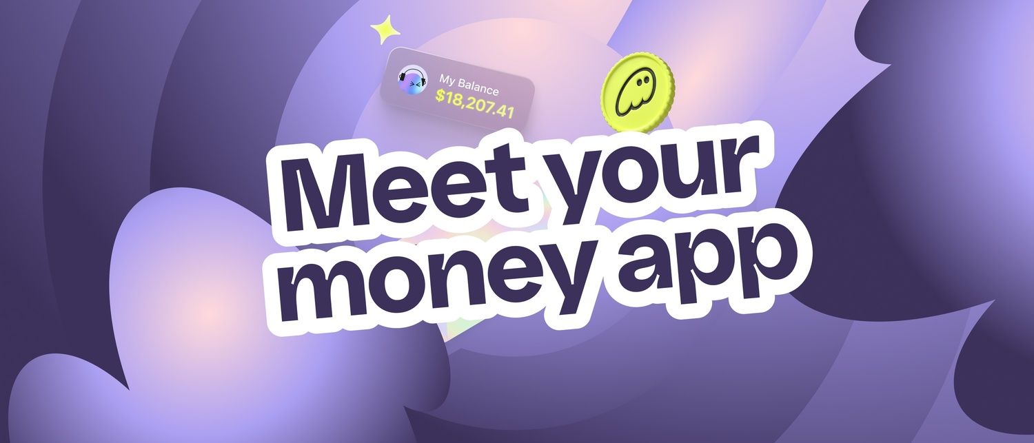 A purple graphic with "Meet your money app" text and a balance card.