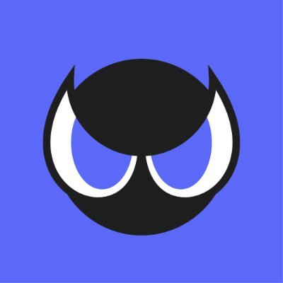 A stylized black head with pointy ears and angry blue eyes on a blue background.