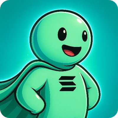 Light green cartoon character with a cape and the Solana logo on its chest.