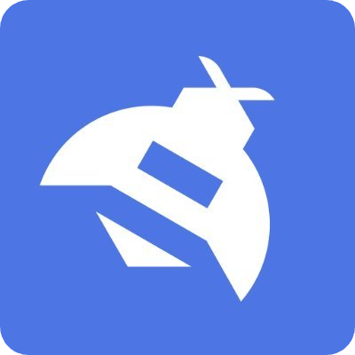 Stylized white bug logo on a blue background 