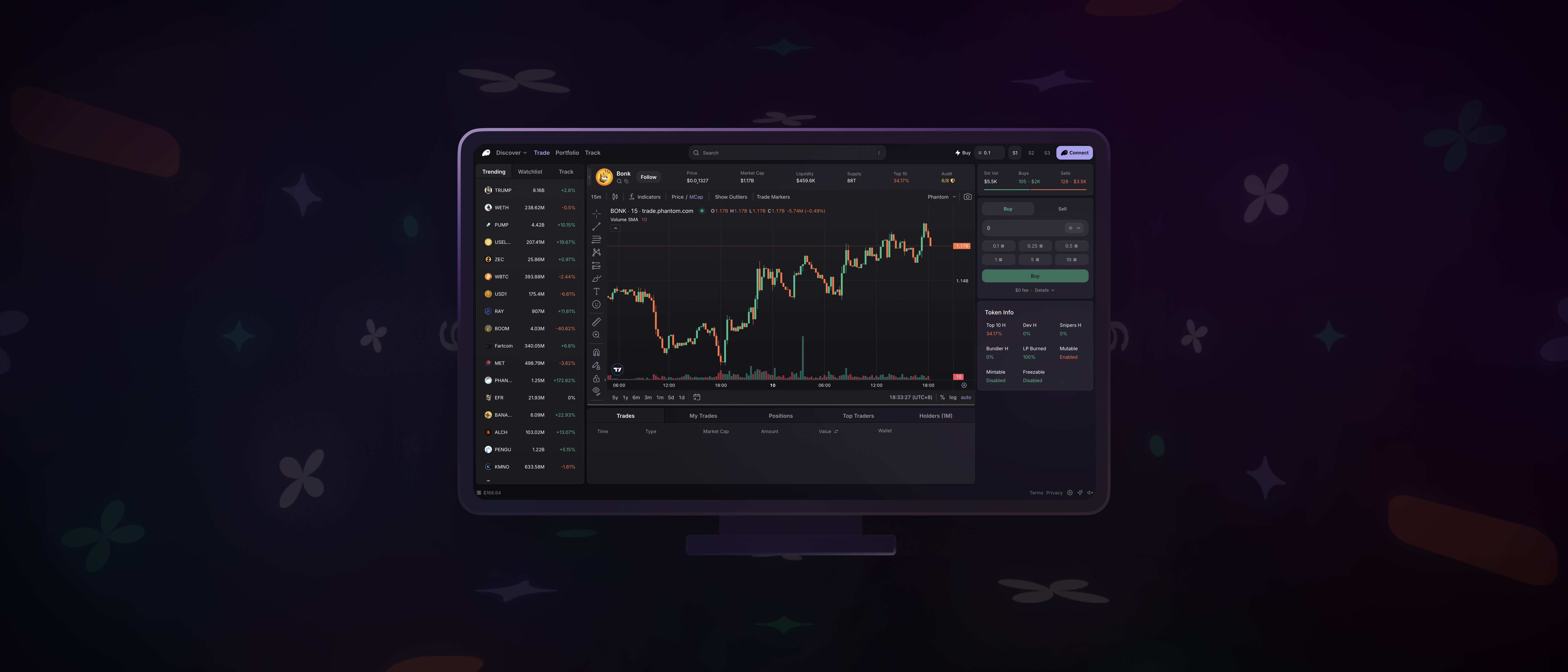 A computer monitor displaying a dark-themed cryptocurrency trading platform with a line graph and market data.