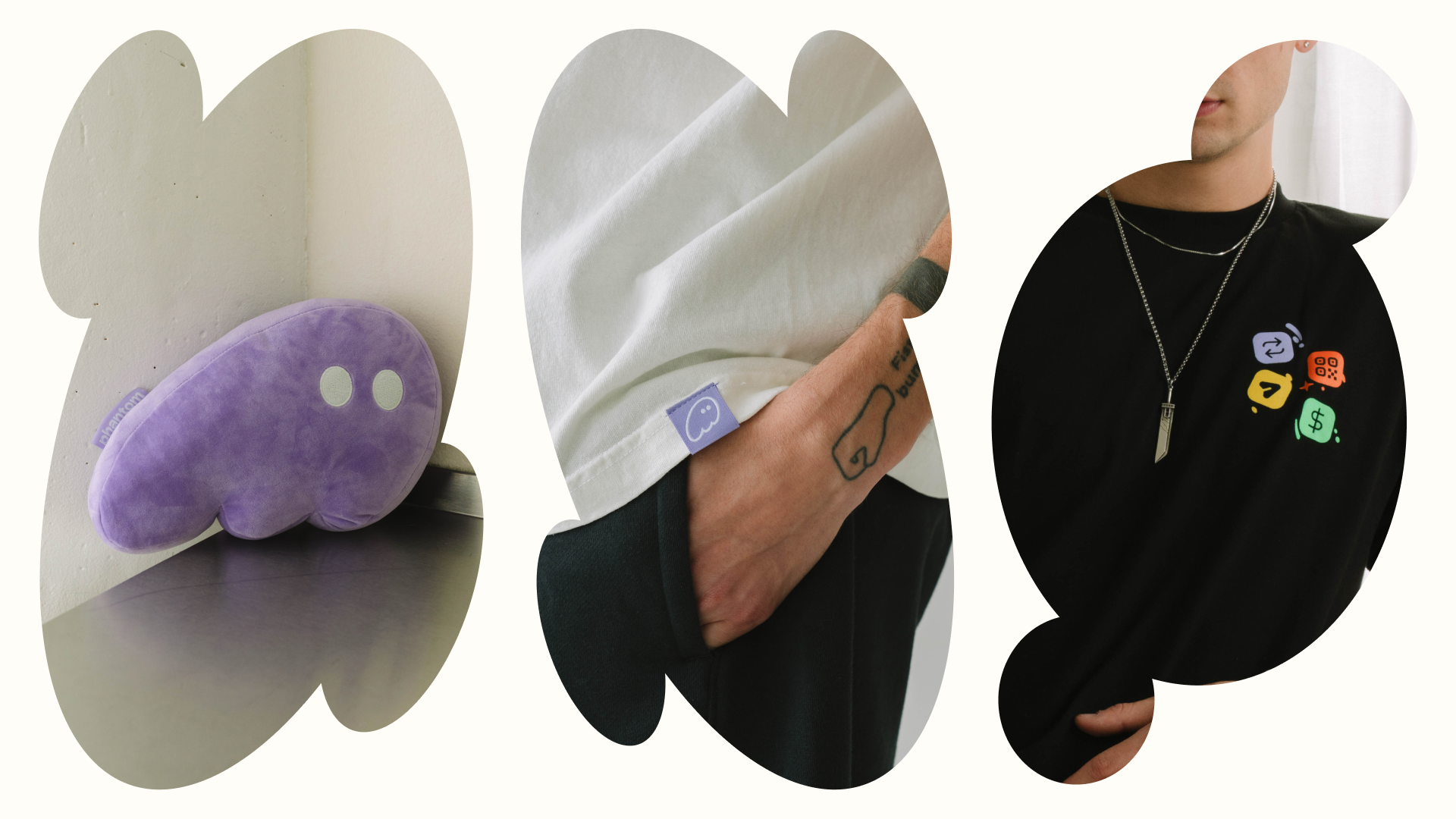 Merchandise display: a purple bean-shaped plush, a white t-shirt with a bean character tag, and a black t-shirt with colorful icon graphics.