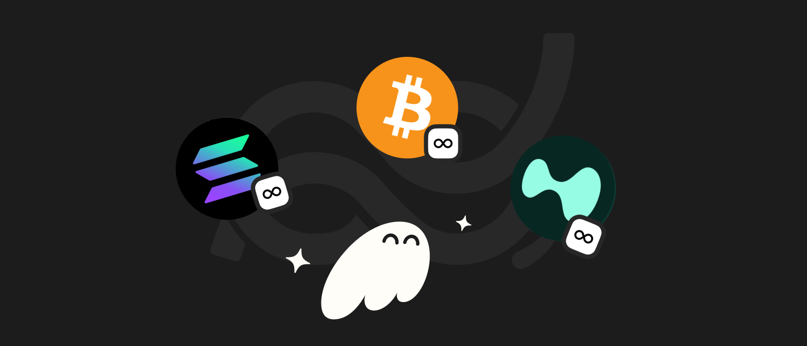 Illustration featuring Bitcoin, Solana, and an abstract crypto logo, each with an infinity symbol, accompanied by a white cartoon ghost and sparkles on a dark background.