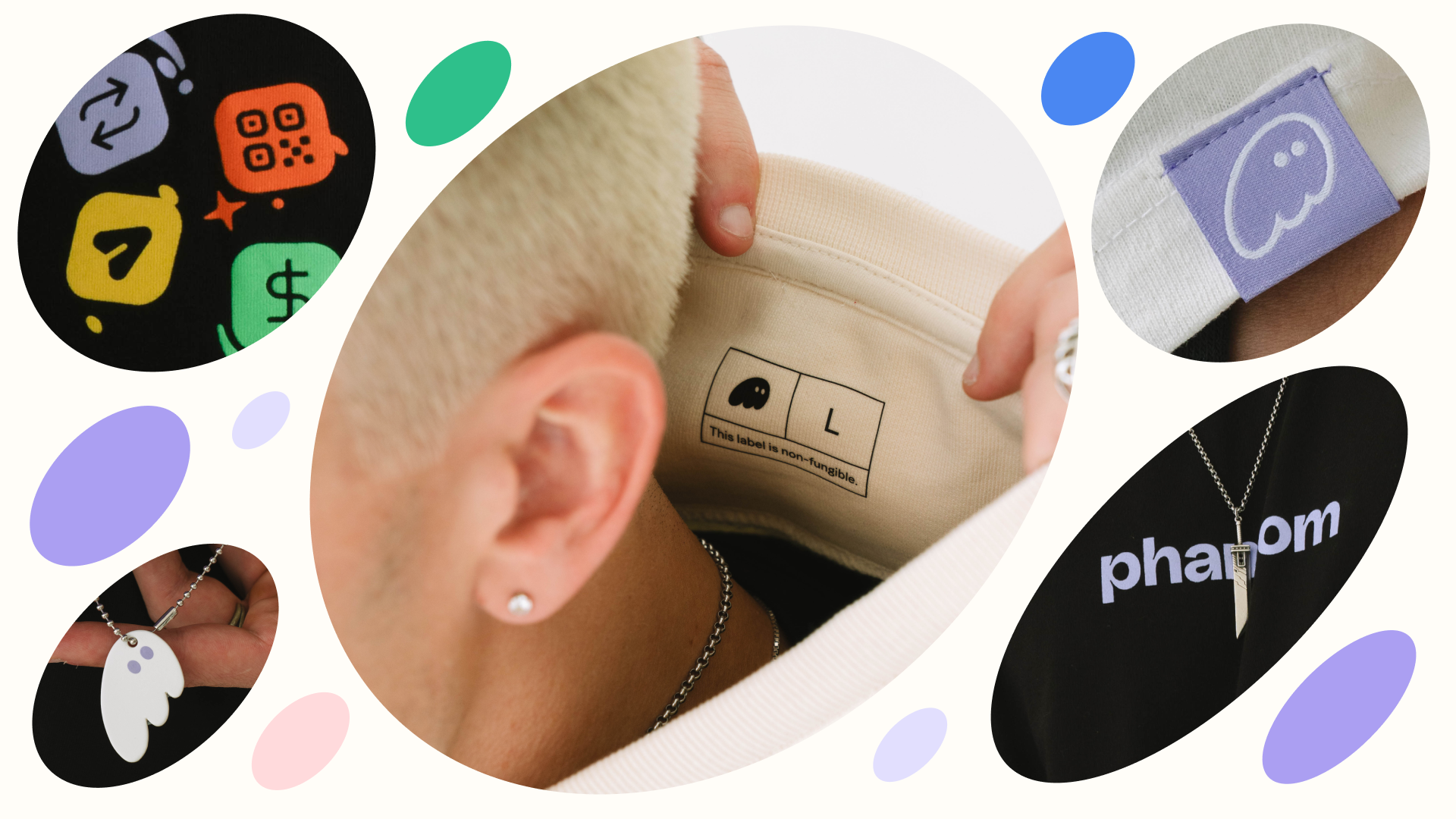 A collage displaying Phantom brand merchandise, including clothing with ghost logos, a shirt with crypto icons, and various accessories.