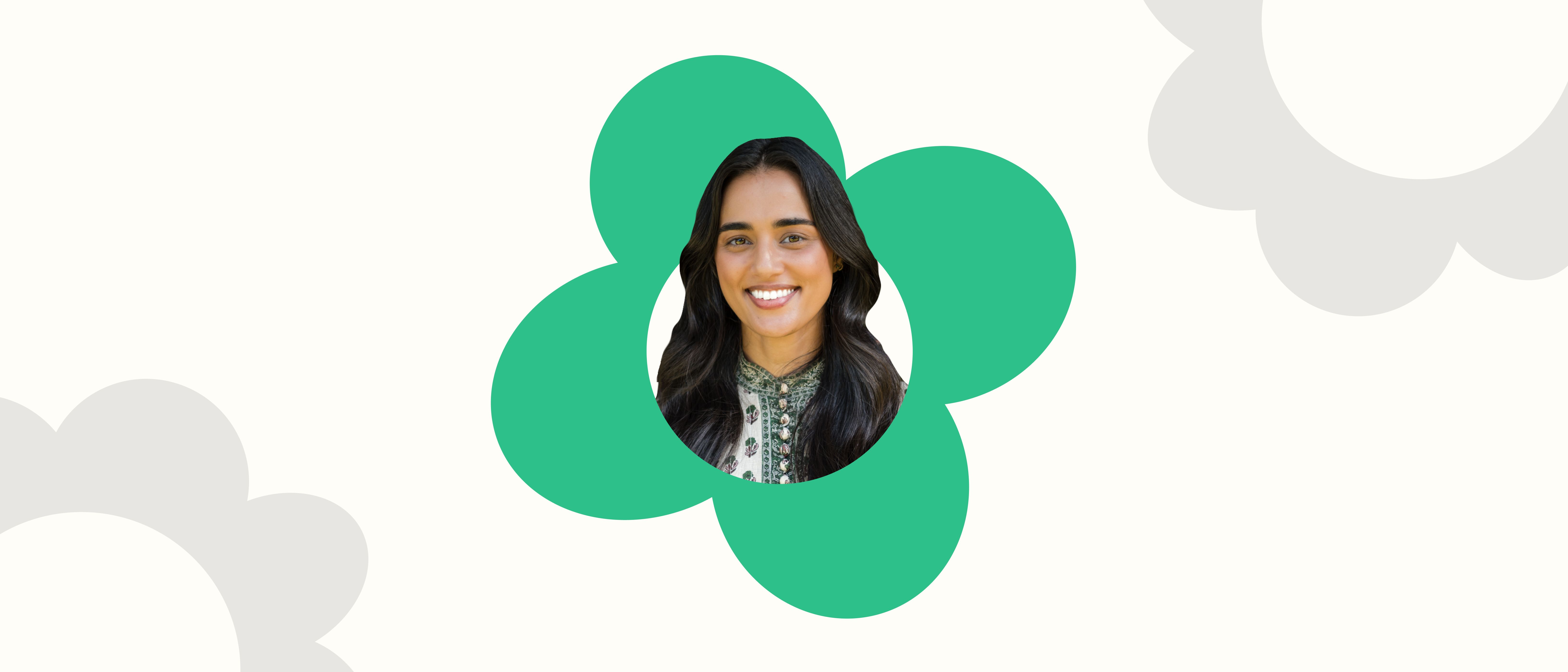 a woman is smiling in a green flower on a white background