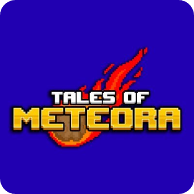 Pixel art logo for "Tales of Meteora" with a fiery meteor replacing the "O" in "Meteora".