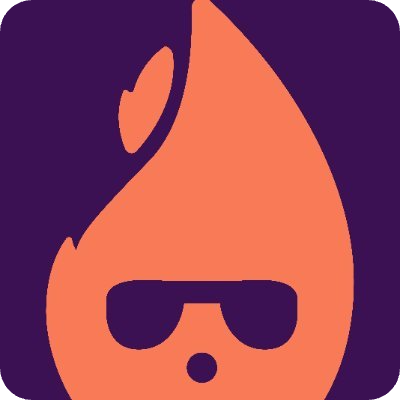 Stylized orange flame wearing dark sunglasses against a dark purple background.