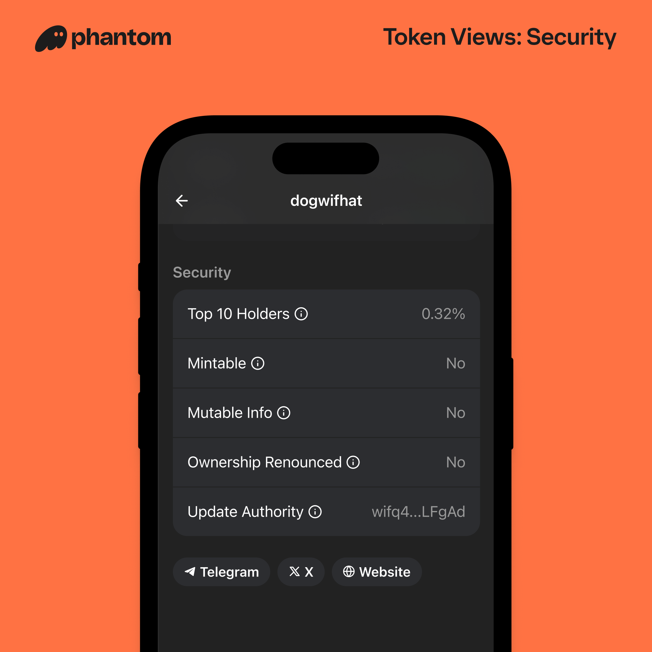 top holders, mintable, mutable, ownership renounced, update authority for tokens in phantom