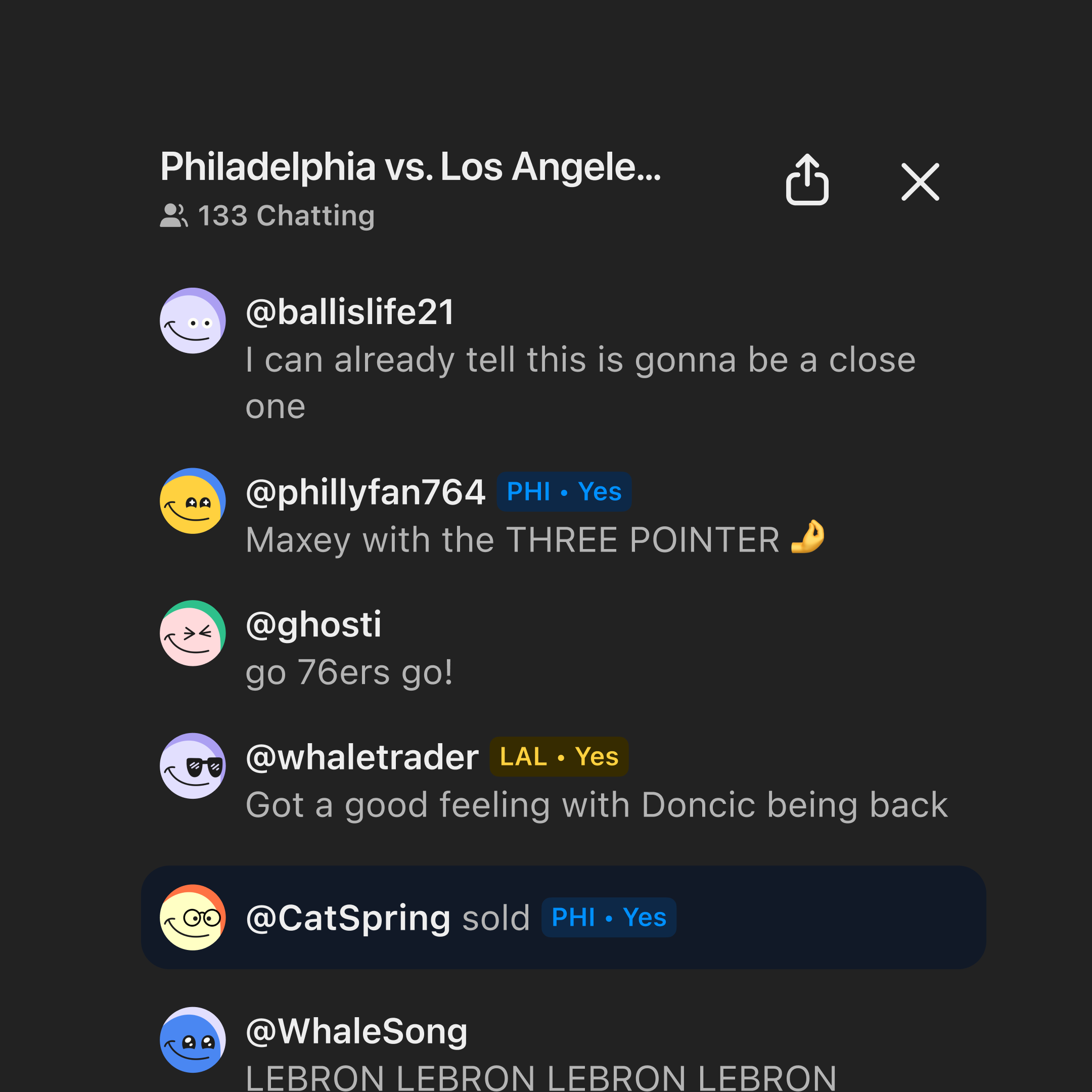 A screenshot of a live chat for a "Philadelphia vs. Los Angeles" game on a dark background, showing 133 participants and various fan comments about players like Maxey and LeBron.