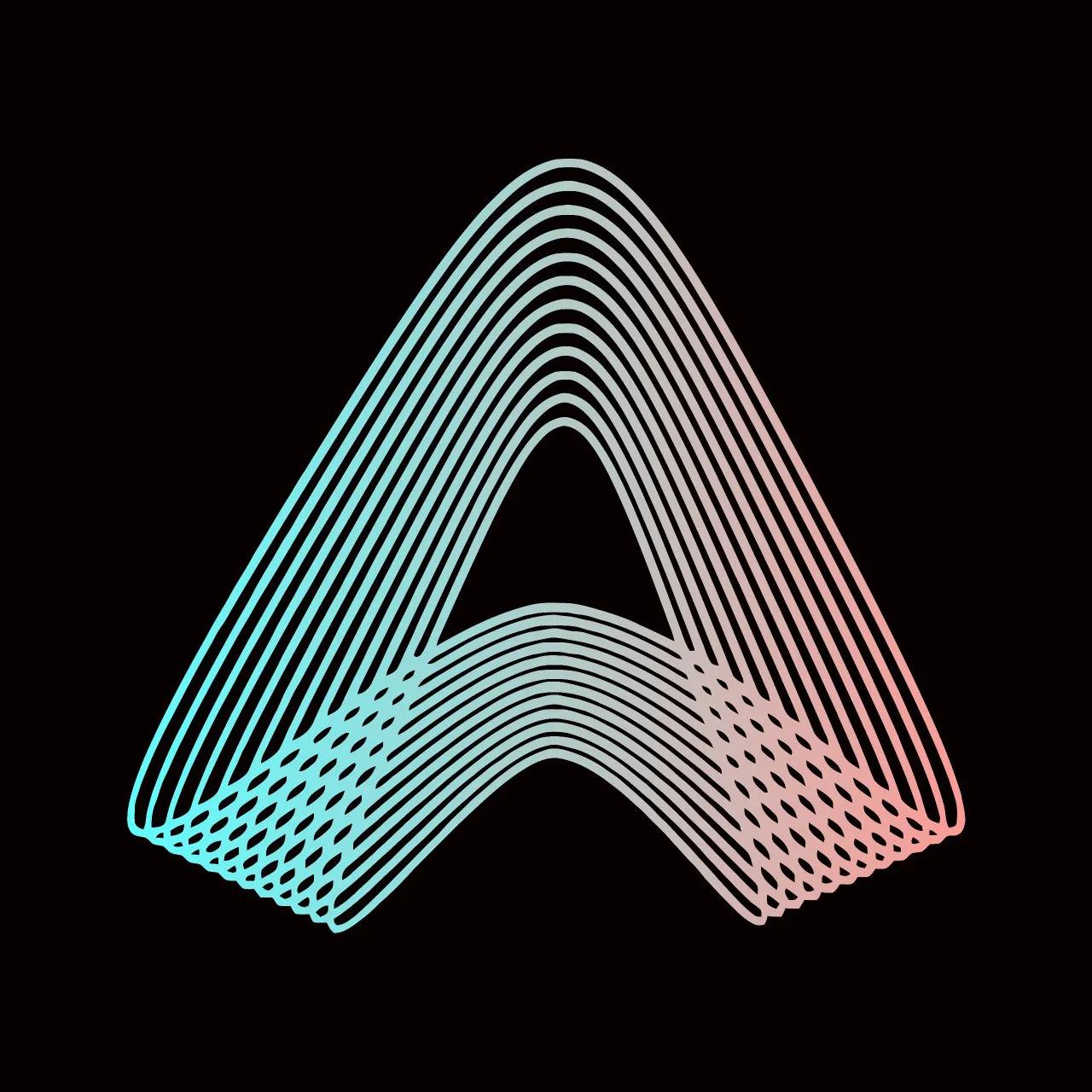 the letter a is made of blue and pink lines on a black background .