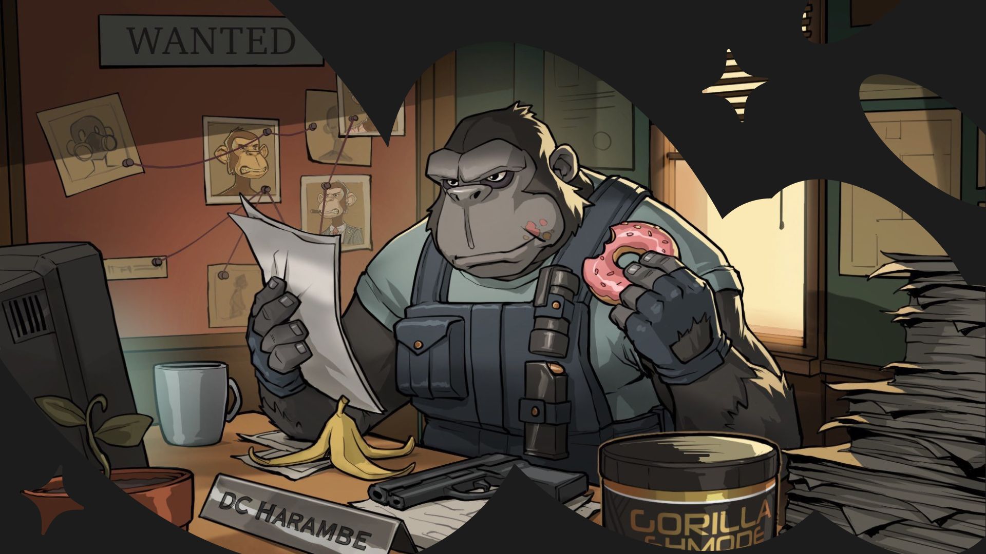 Cartoon gorilla detective DC Harambe sits at a cluttered desk, reading papers while eating a pink donut, with a 'wanted' poster board behind him.