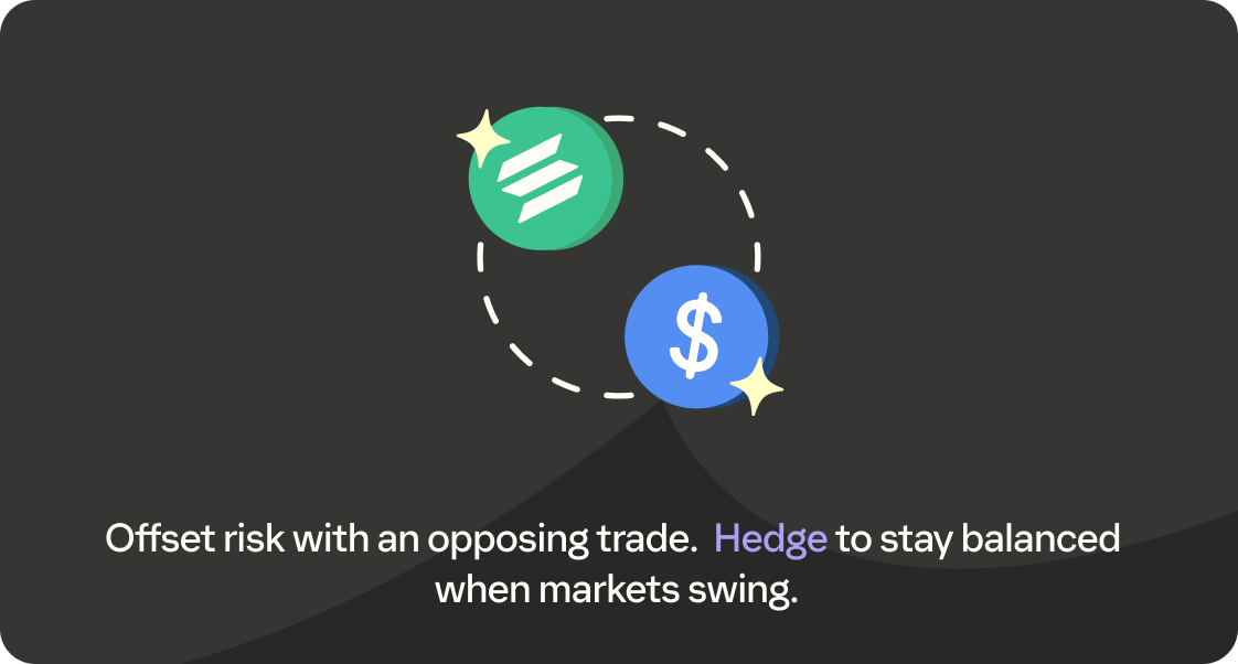 A green S-shape icon and a blue dollar sign icon circle each other, accompanied by the text: "Offset risk with an opposing trade. Hedge to stay balanced when markets swing."