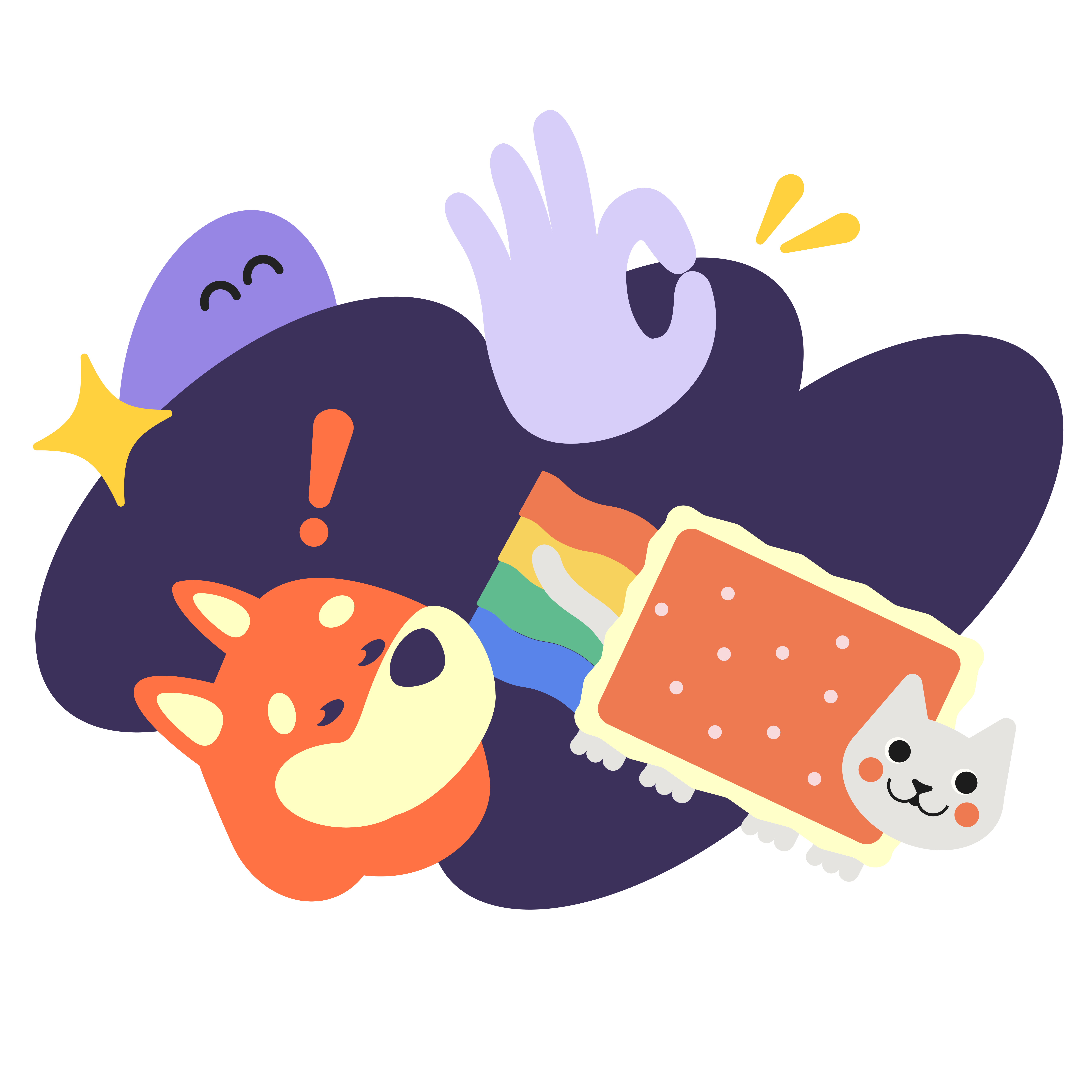 A cartoon collage featuring an 'OK' hand gesture, a Shiba Inu dog head, and a Nyan Cat-style pop-tart trailing a rainbow.