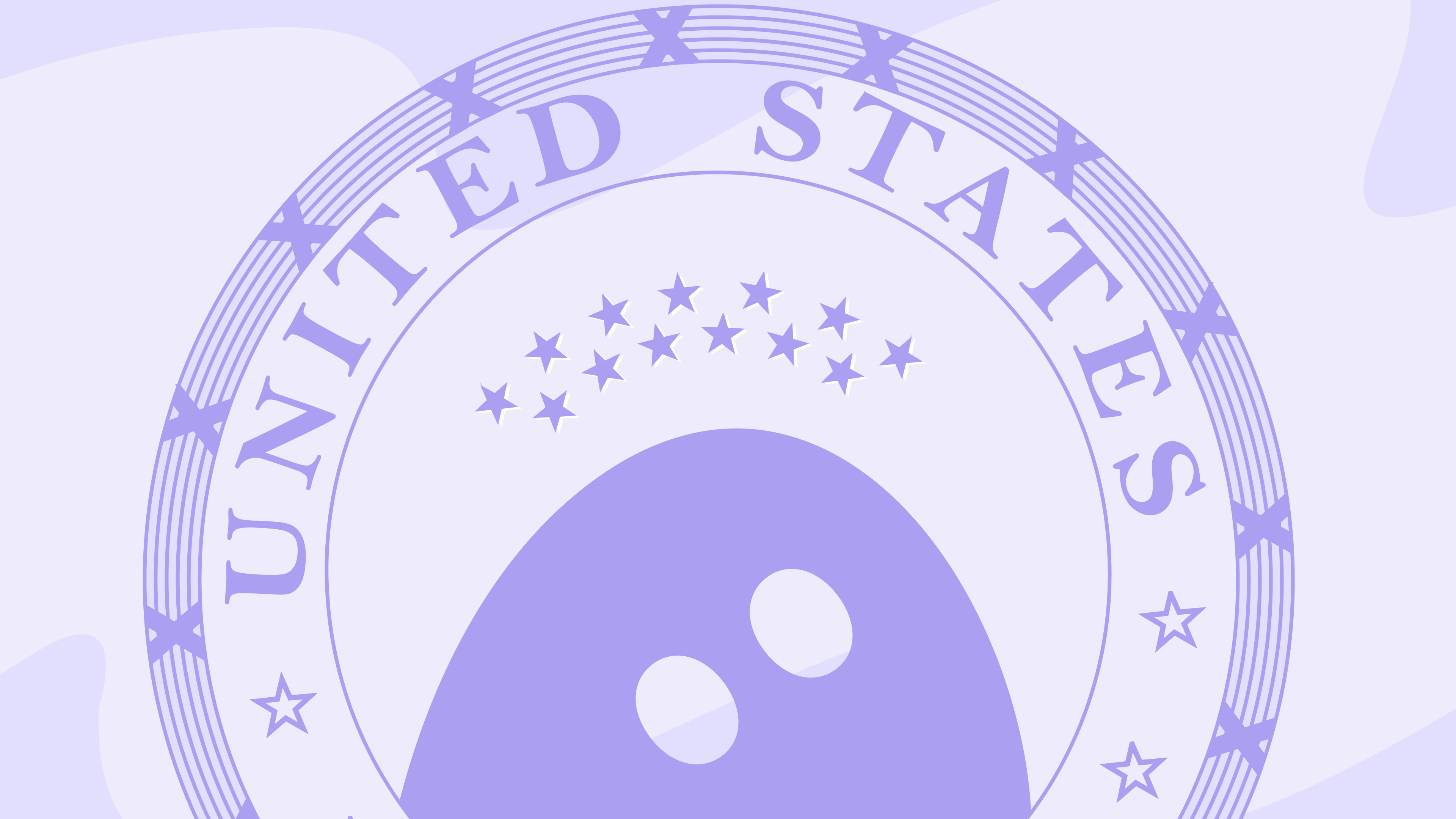 Purple circular seal with "UNITED STATES" text, stars, and a ghost-like figure in the center.