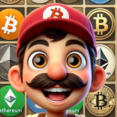 a cartoon character with a mustache and hat is wearing a hat with a bitcoin logo on it .