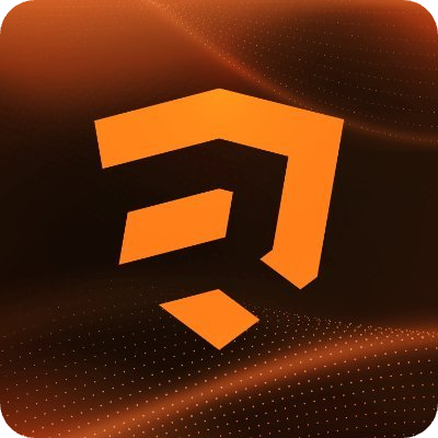 Orange angular R logo on a dark background with abstract patterns.