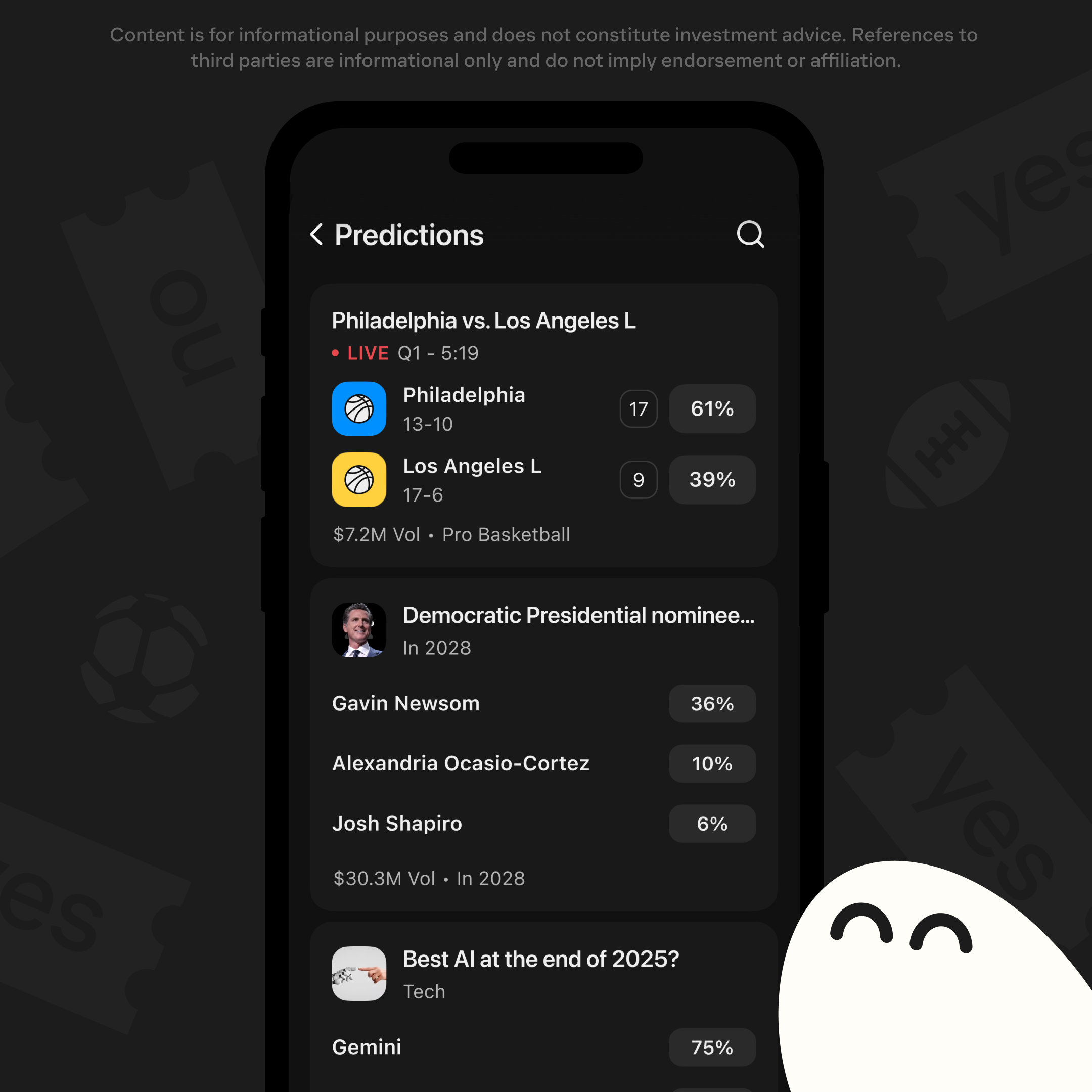 A smartphone displays a dark-themed predictions app showing basketball, political, and AI markets, with a small ghost illustration at the bottom right.