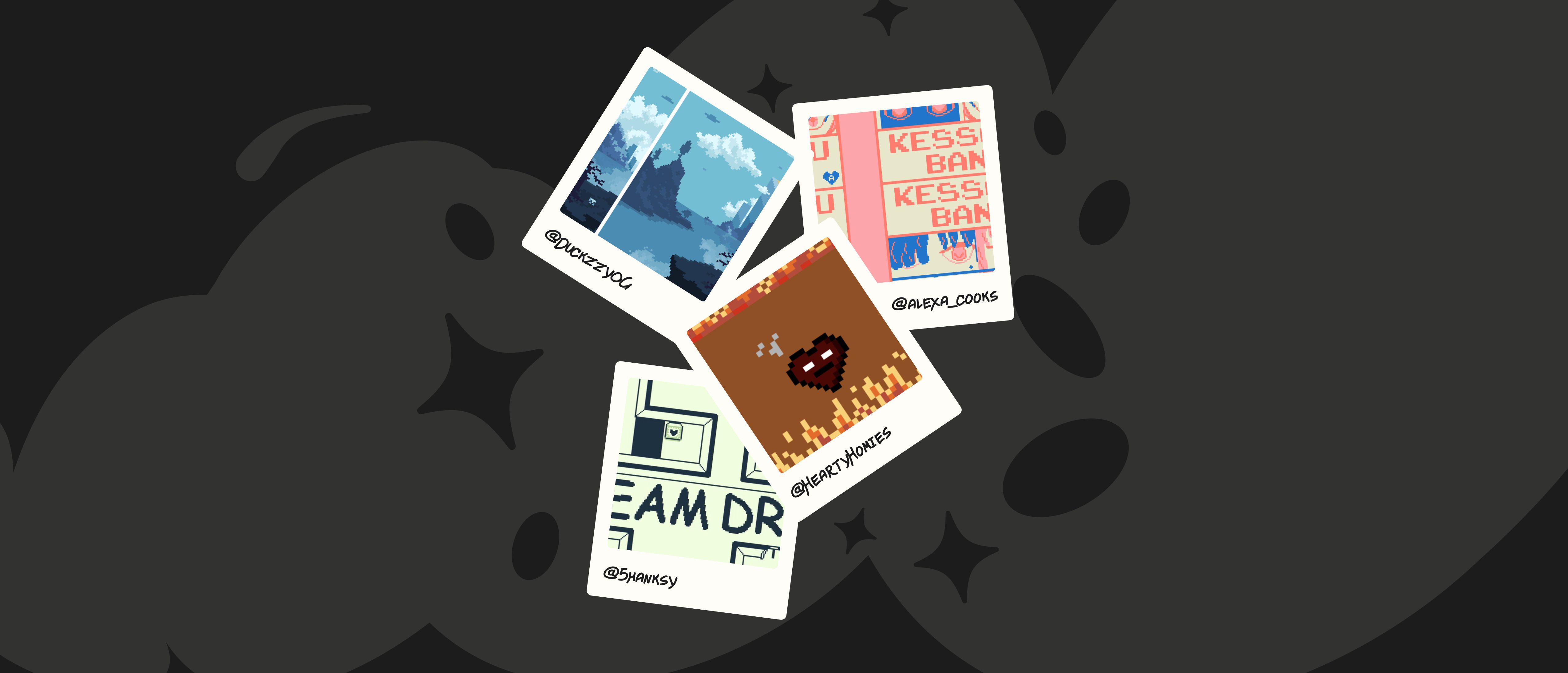 Four polaroid-style photos, each displaying pixel art, on a dark background with cloud and star shapes.