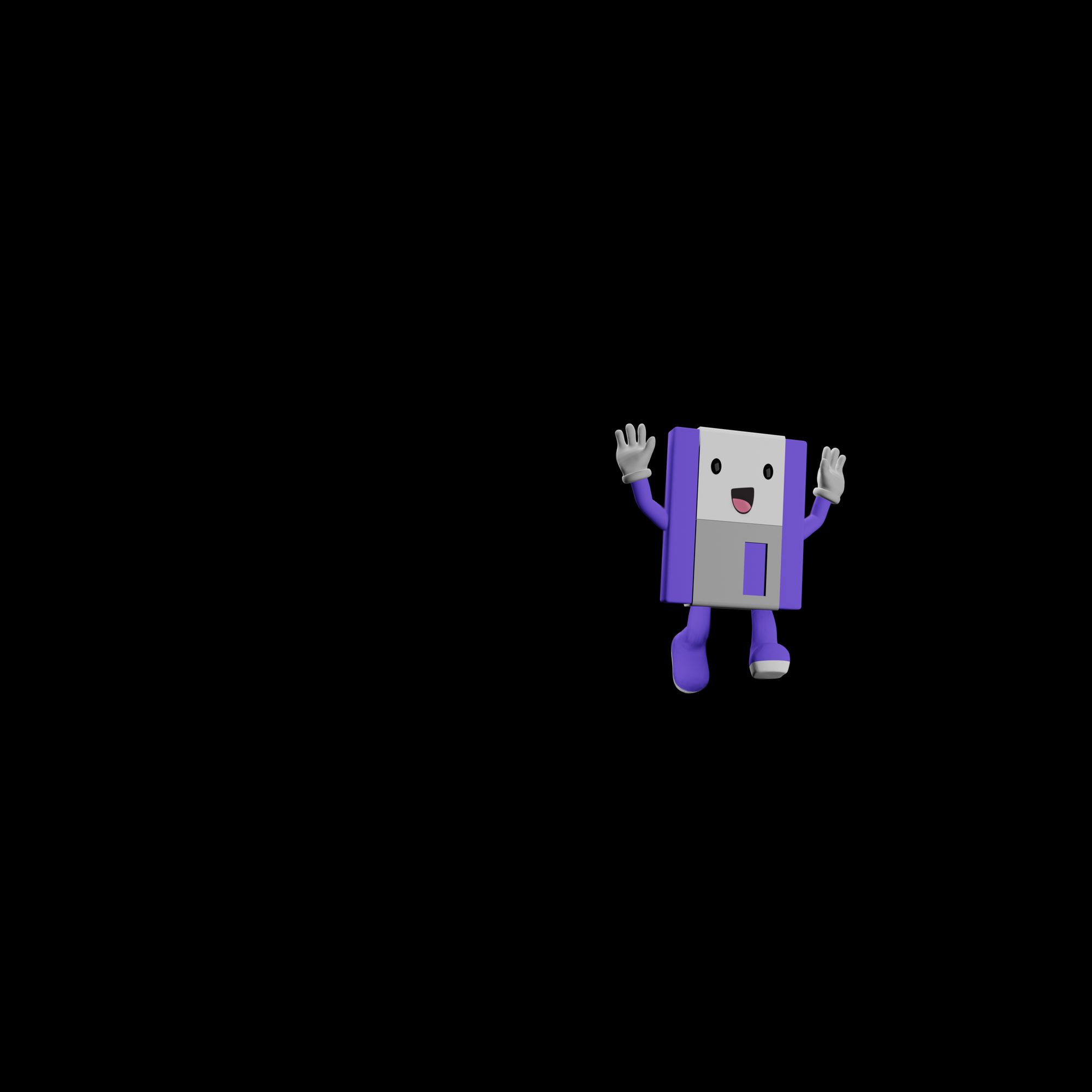 A purple and grey anthropomorphic floppy disk character smiling and waving.