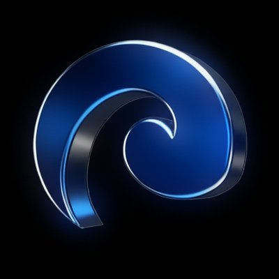 A glossy, metallic blue spiral symbol on a black background.