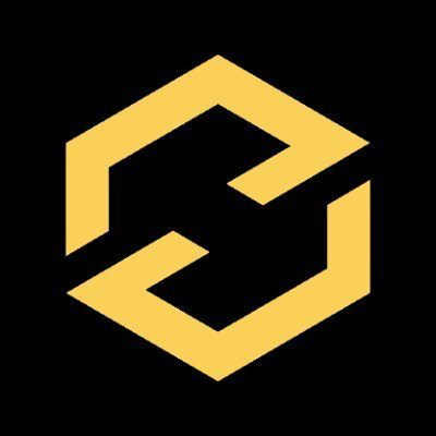 Gold abstract logo with mirrored S-shapes forming a hexagon.