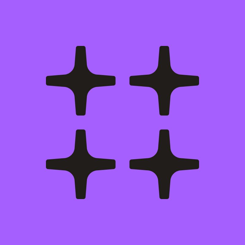 Four black sparkle icons on a purple background.