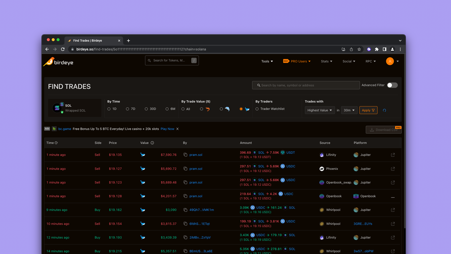 Birdeye Whale Trades